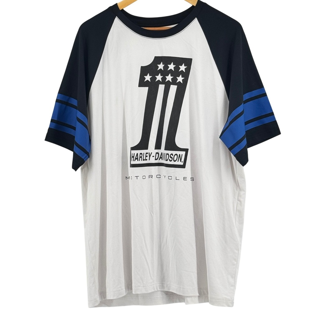 Harley-Davidson Mens XL Raglan Graphic T-Shirt White Blue Number 1 Logo Jersey